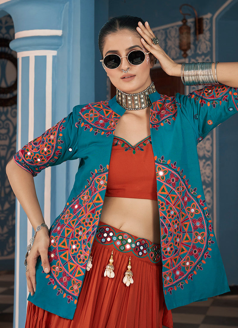 Teal And Red Kutchi Embroidered Chaniya Choli