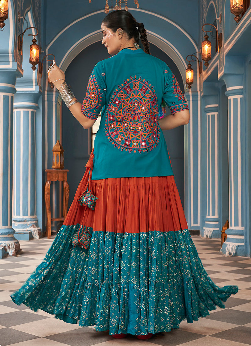 Teal And Red Kutchi Embroidered Chaniya Choli