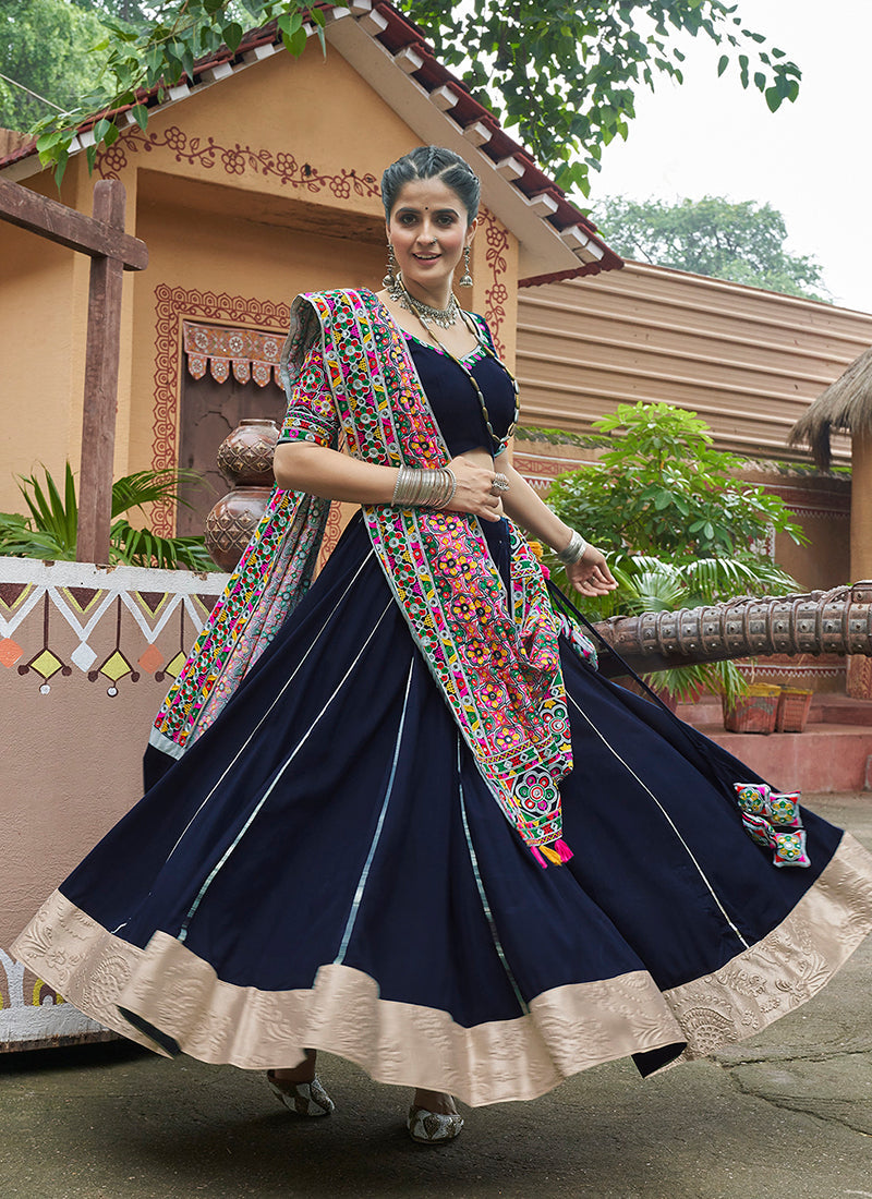 Dark Blue Multicoloured Kutchi Embroidered Chaniya Choli For Navratri