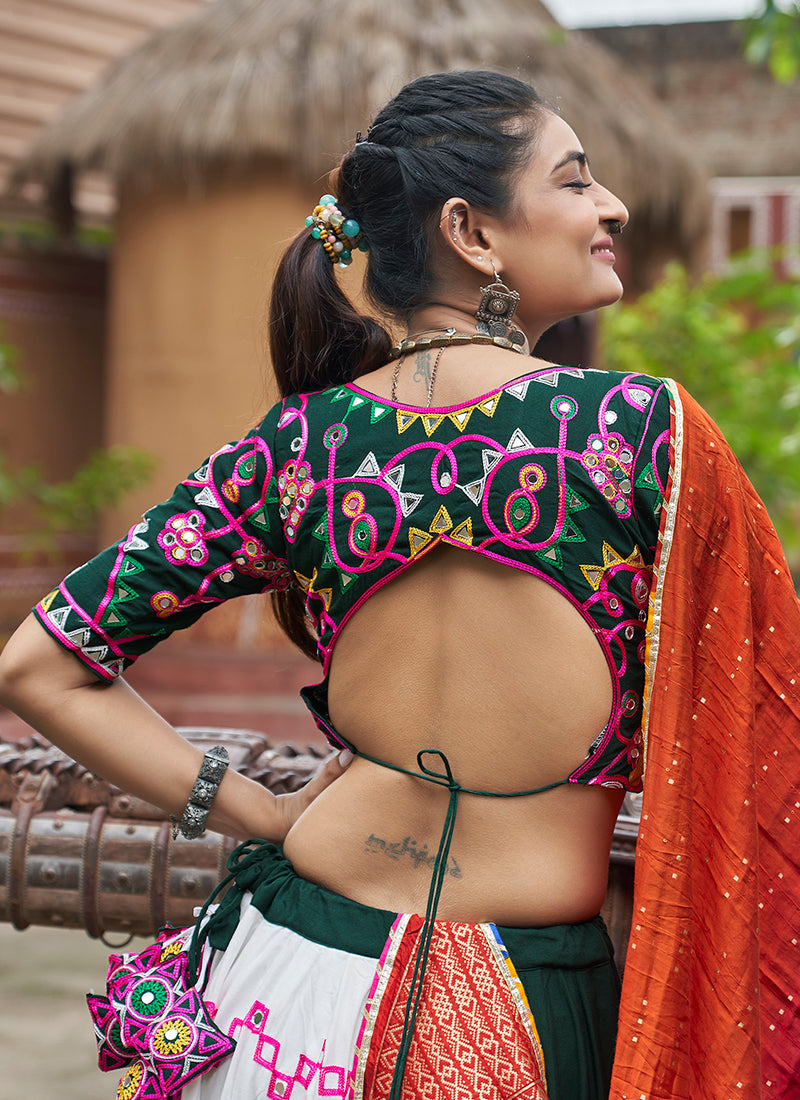 White And Green Multicoloured Kutchi Embroidered Chaniya Choli For Navratri