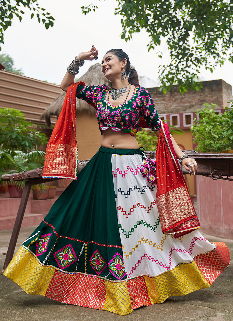 White And Green Multicoloured Kutchi Embroidered Chaniya Choli For Navratri