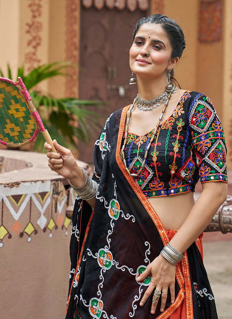 Black And Orange Multicoloured Kutchi Embroidered Chaniya Choli For Navratri