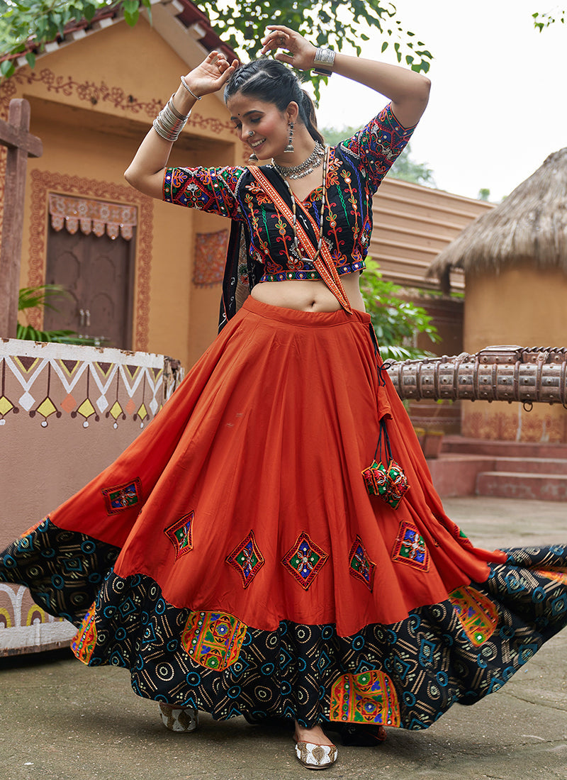 Black And Orange Multicoloured Kutchi Embroidered Chaniya Choli For Navratri