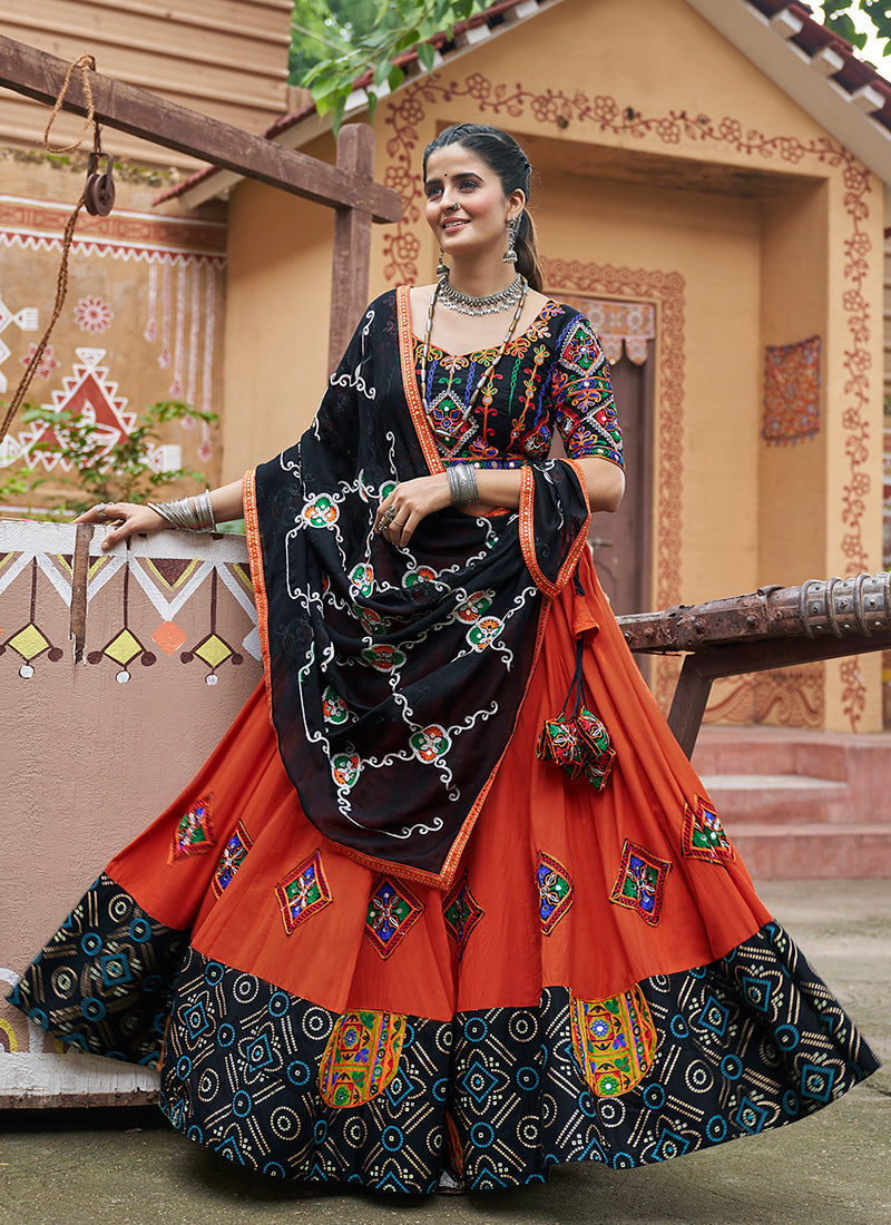 Black And Orange Multicoloured Kutchi Embroidered Chaniya Choli For Navratri