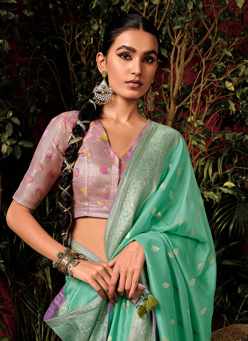 Sea Green And Purple Floral Viscose Silk Saree