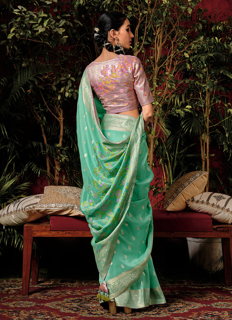 Sea Green And Purple Floral Viscose Silk Saree