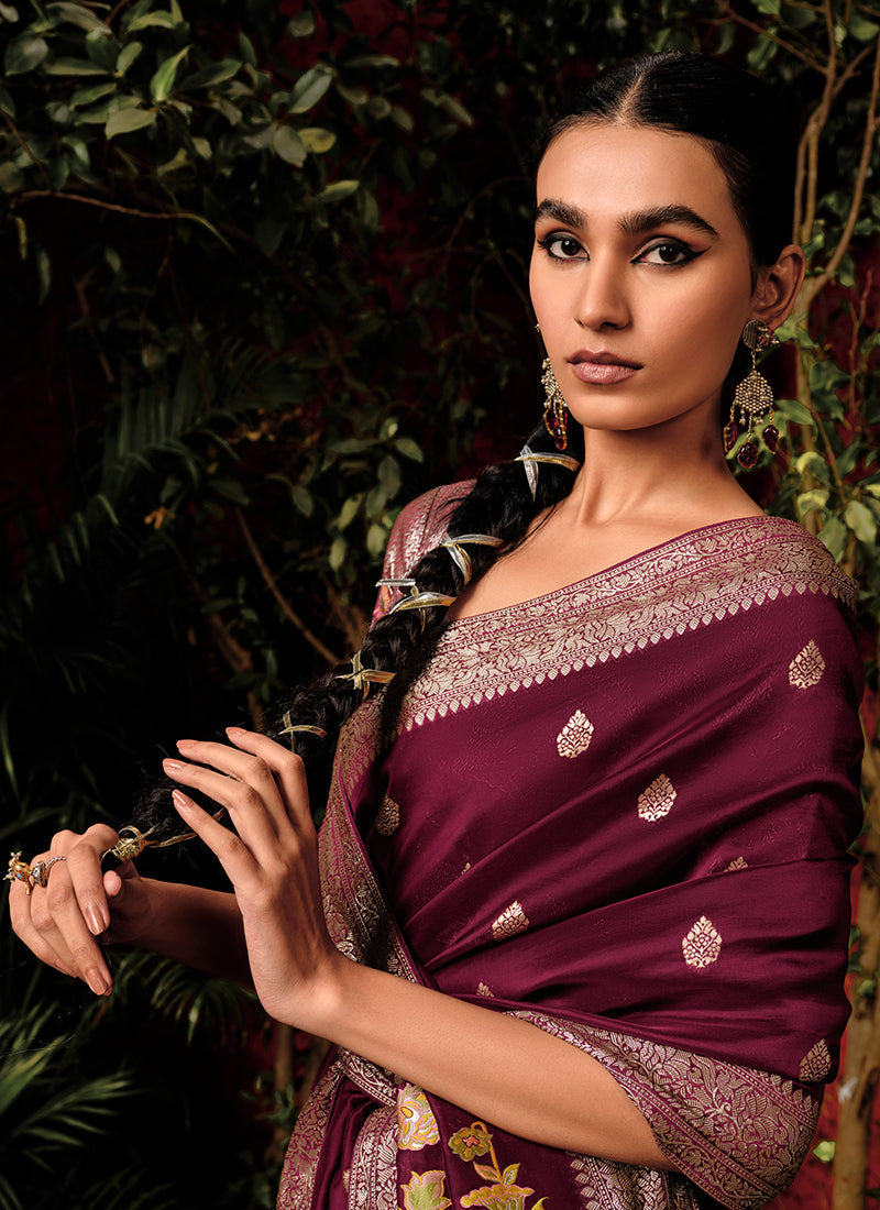 Maroon Floral Viscose Silk Saree