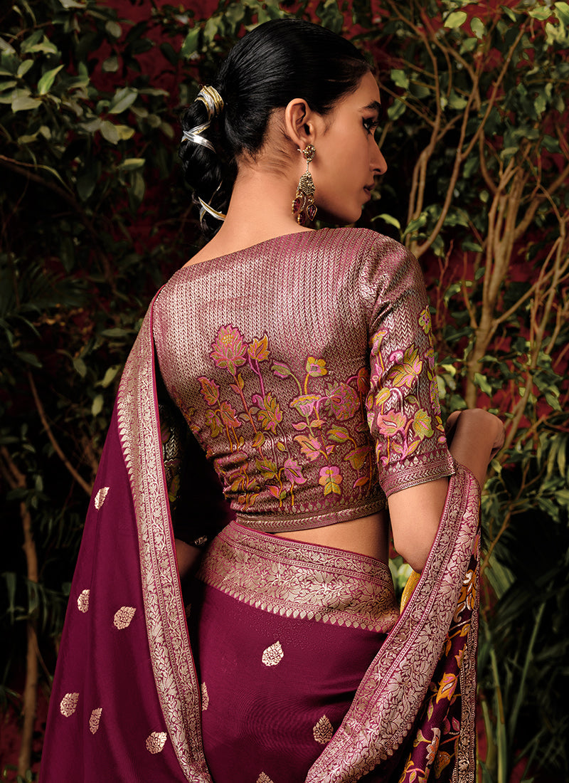 Maroon Floral Viscose Silk Saree