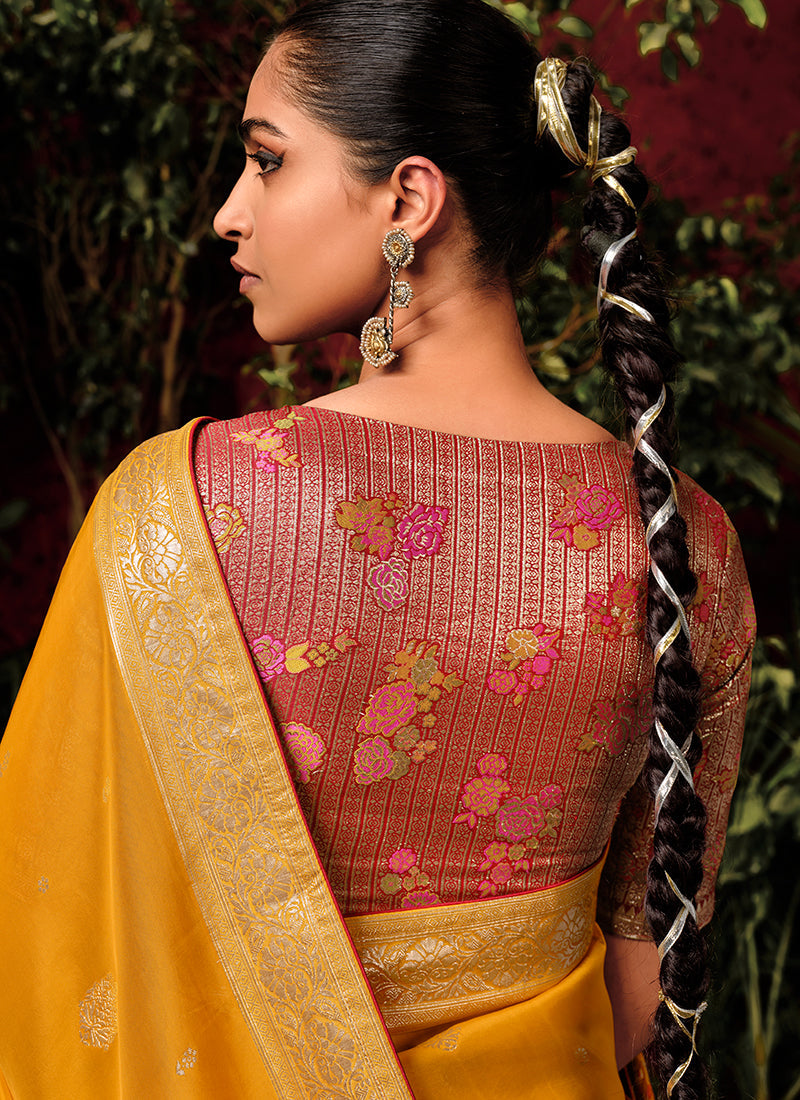 Yellow And Pink Floral Viscose Silk Saree