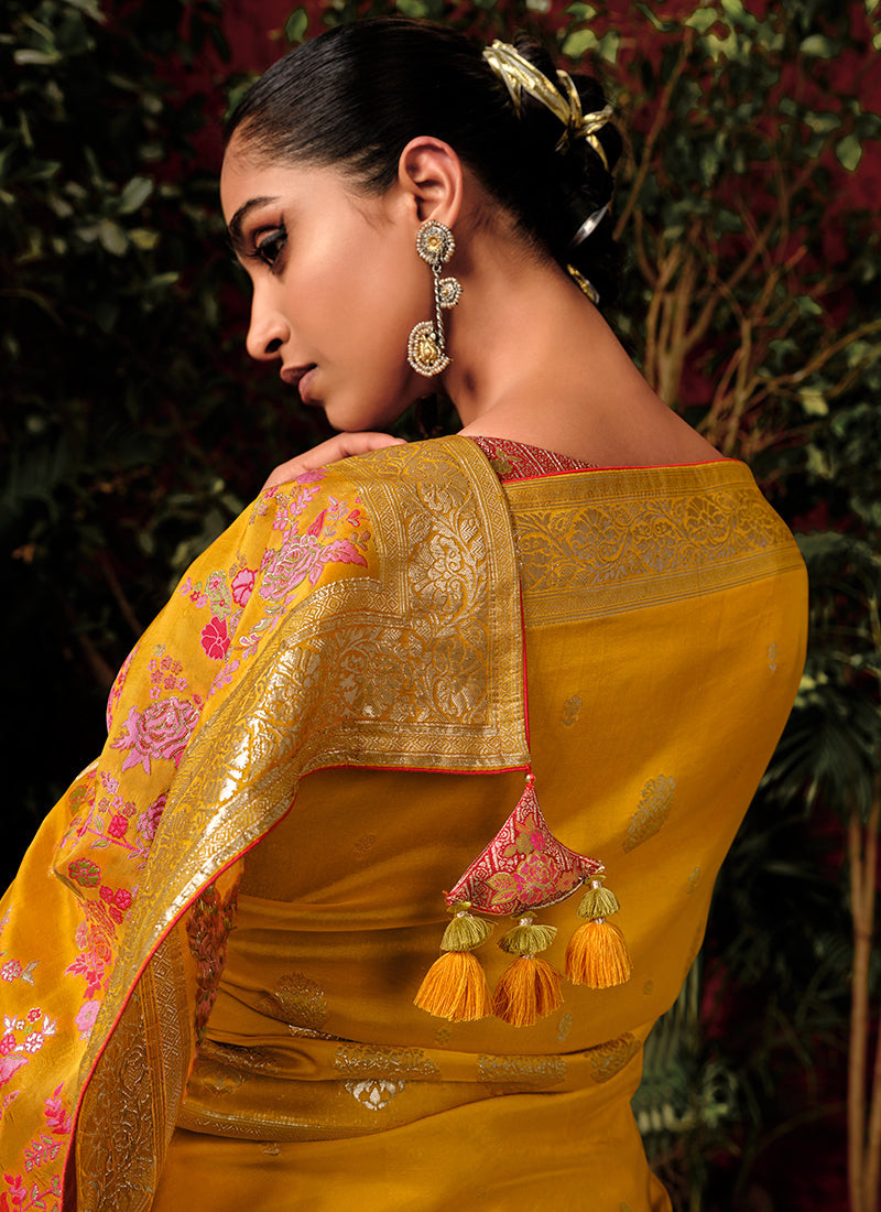 Yellow And Pink Floral Viscose Silk Saree