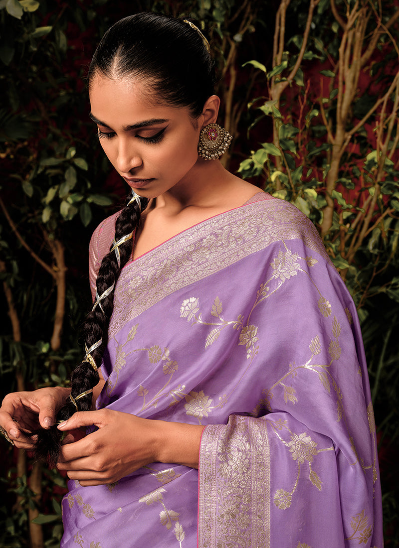 Purple And Pink Floral Viscose Silk Saree