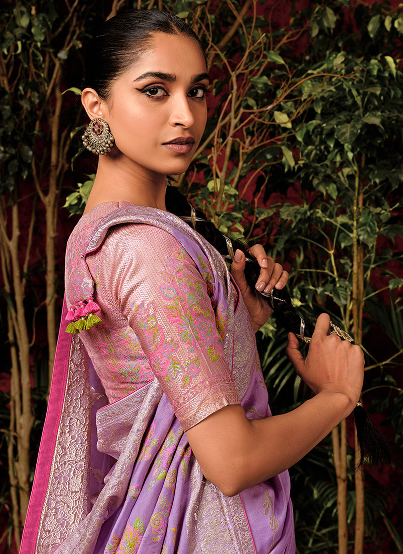 Purple And Pink Floral Viscose Silk Saree