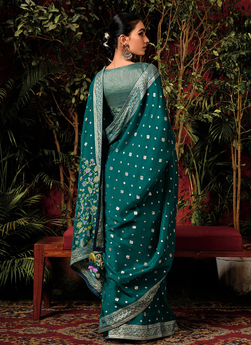 Dark Green Floral Viscose Silk Saree