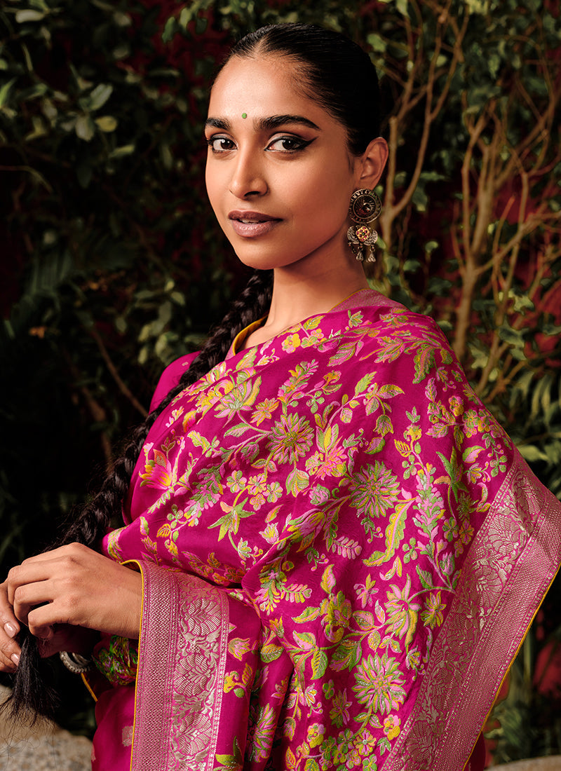 Magenta And Yellow Floral Viscose Silk Saree