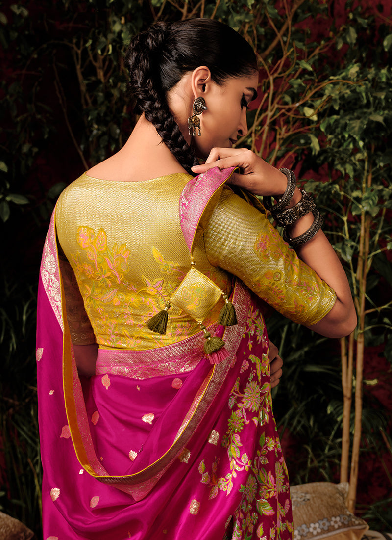 Magenta And Yellow Floral Viscose Silk Saree