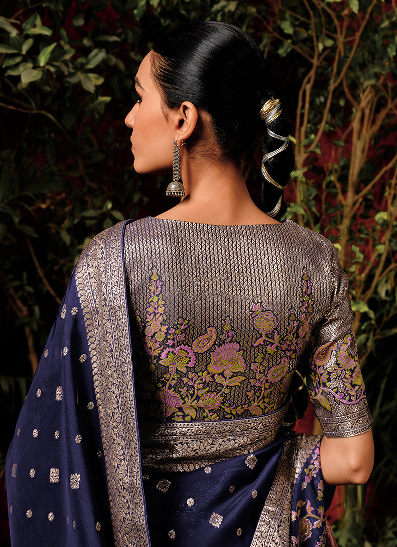 Dark Blue Floral Viscose Silk Saree