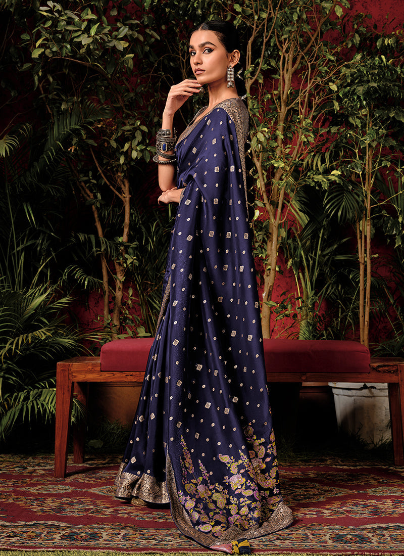 Dark Blue Floral Viscose Silk Saree