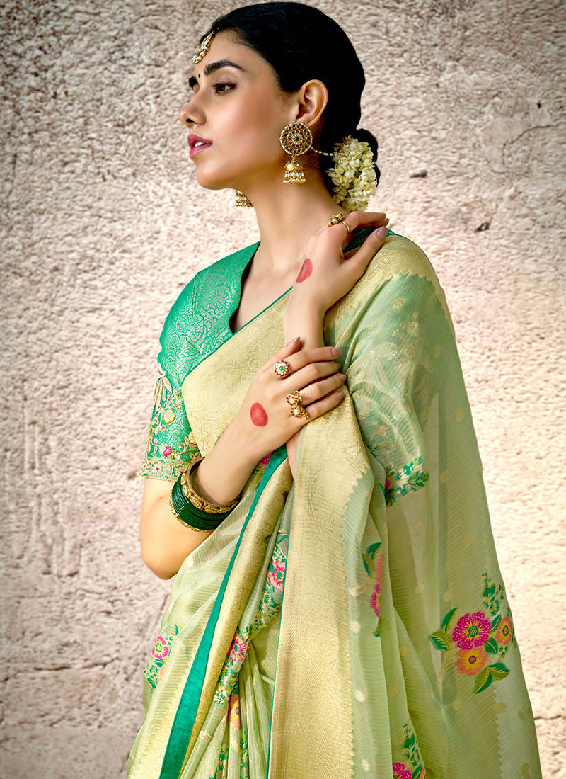 Lime Green Floral Kora Banarasi Silk Saree