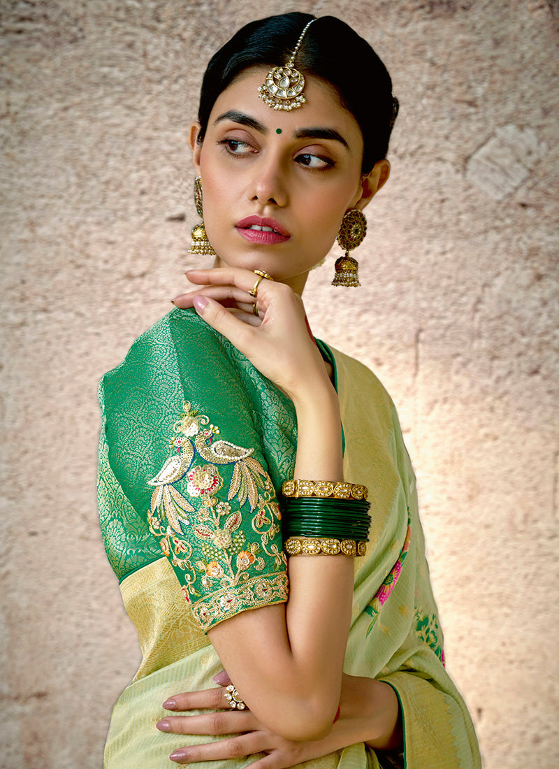 Lime Green Floral Kora Banarasi Silk Saree