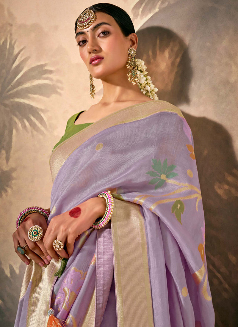 Purple And Green Floral Munga Silk Saree