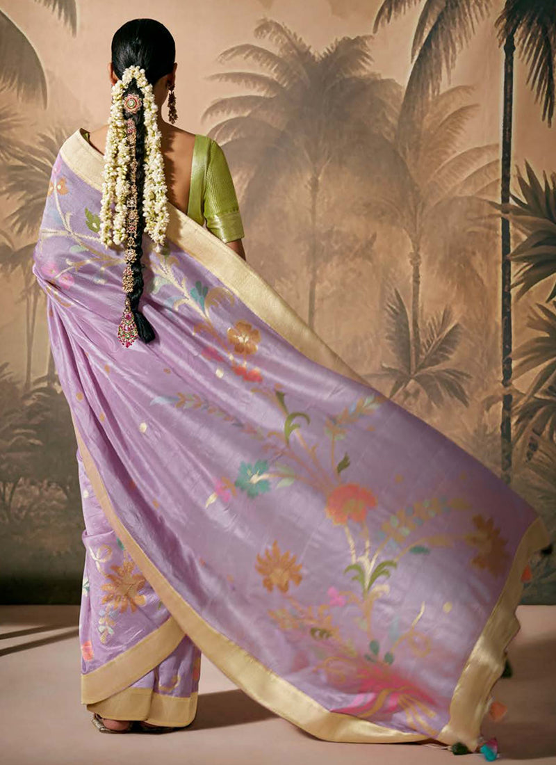 Purple And Green Floral Munga Silk Saree