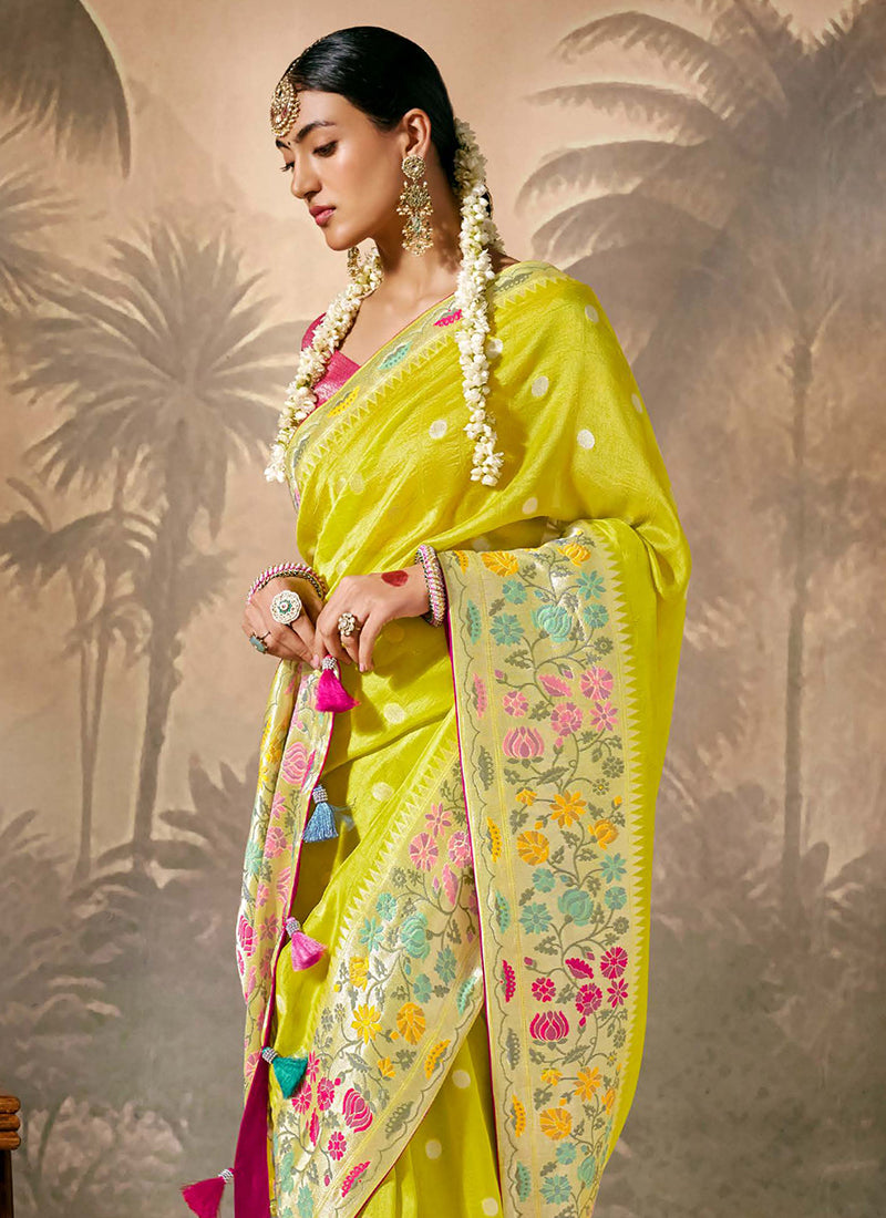 Yellow And Pink Floral Munga Silk Saree