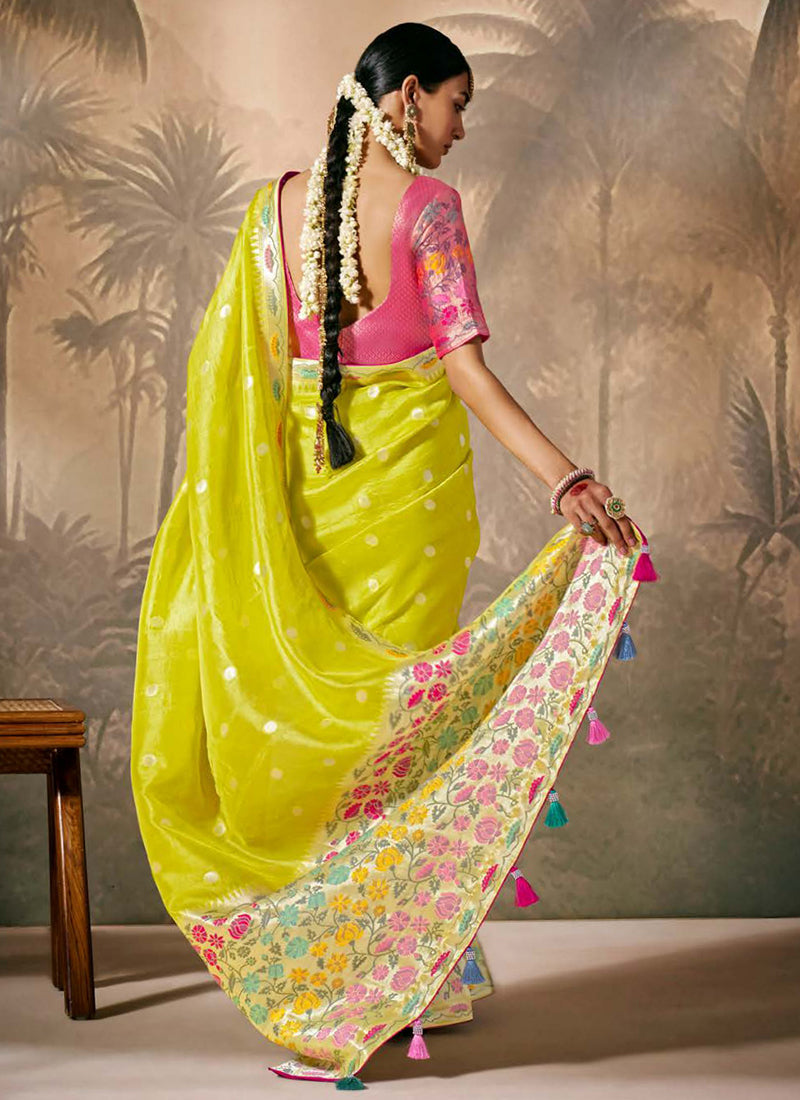 Yellow And Pink Floral Munga Silk Saree