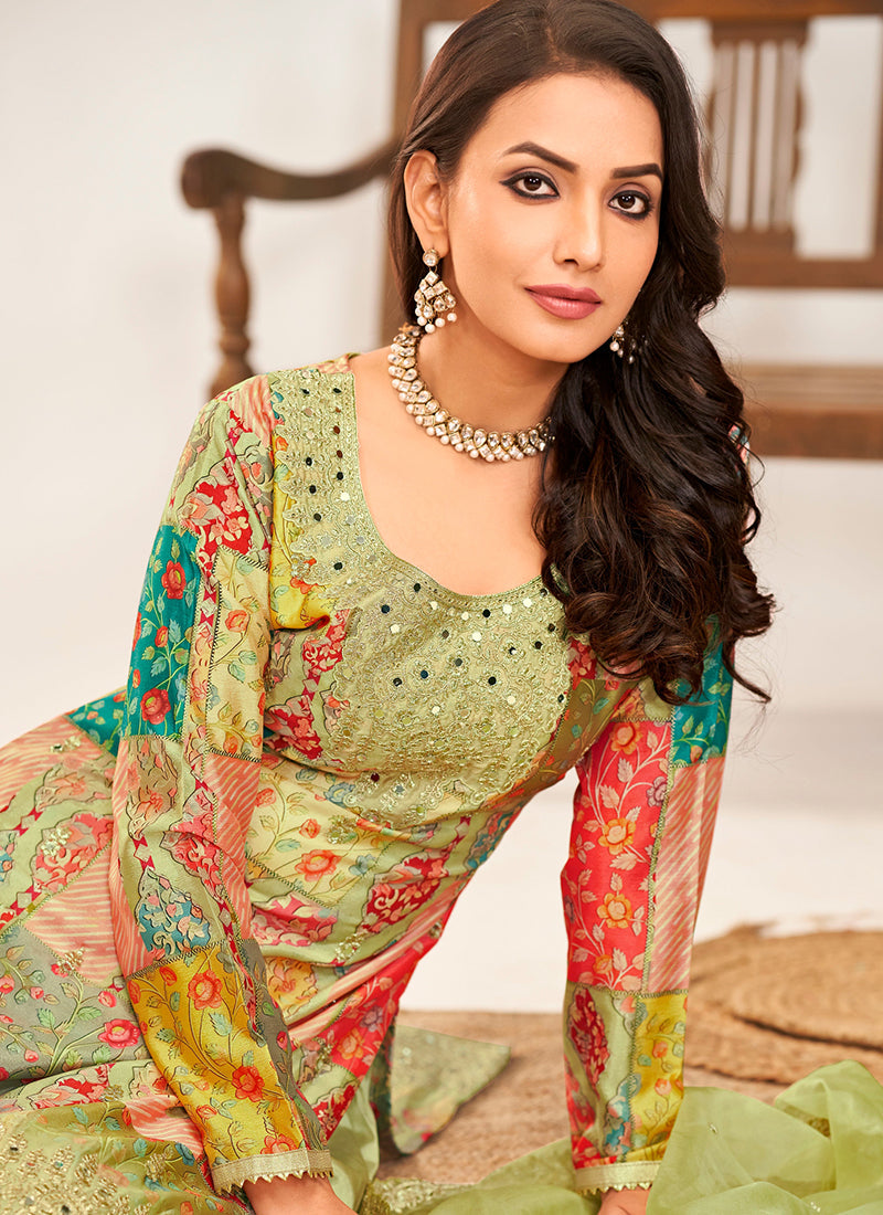 Green Multicoloured Embroidery Palazzo Style Suit