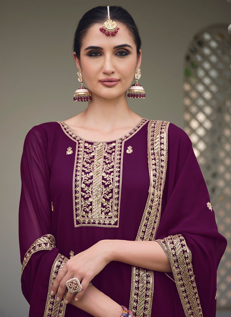 Deep Wine Embroidery Georgette Palazzo Suit