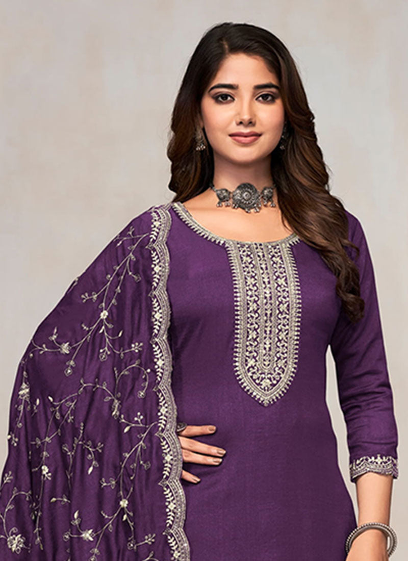 Purple Embroidery Pant Style Salwar Kameez Suit