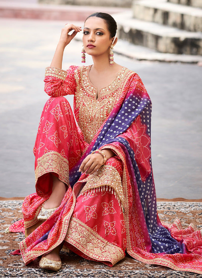 Pink And Purple Mirror Embroidery Bandhani Palazzo Suit