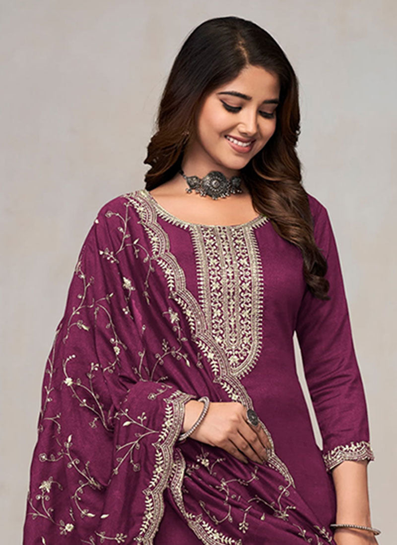 Wine Embroidery Pant Style Salwar Kameez Suit