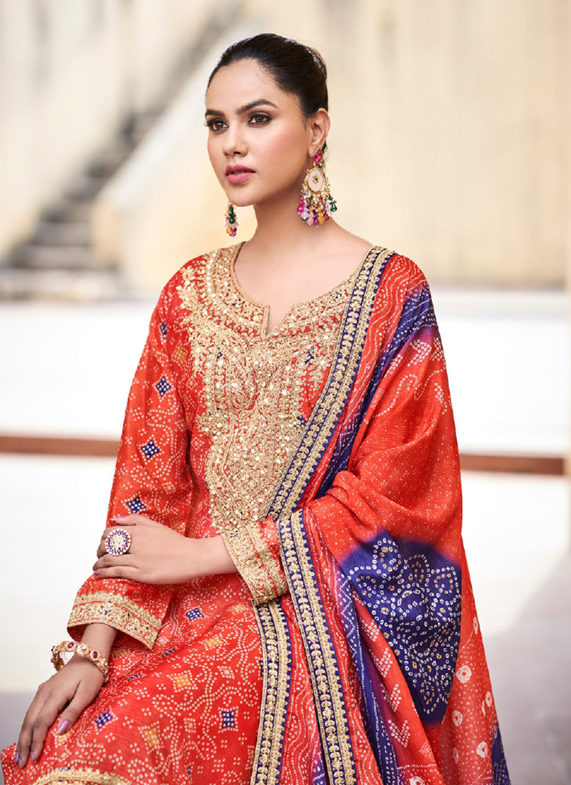 Red And Blue Mirror Embroidery Bandhani Palazzo Suit