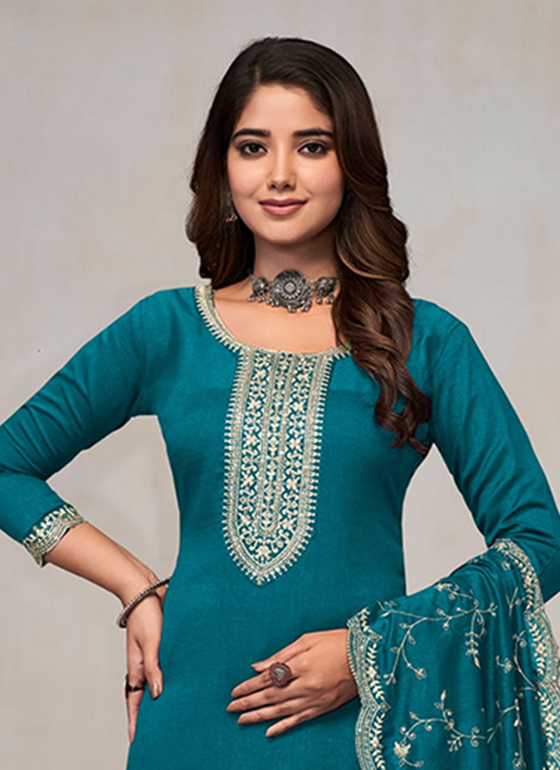 Turquoise Embroidery Pant Style Salwar Kameez Suit