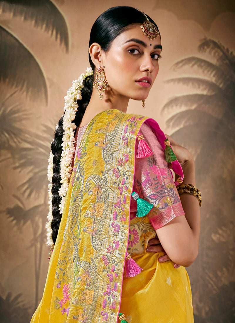 Pink And Yellow Floral Munga Silk Saree