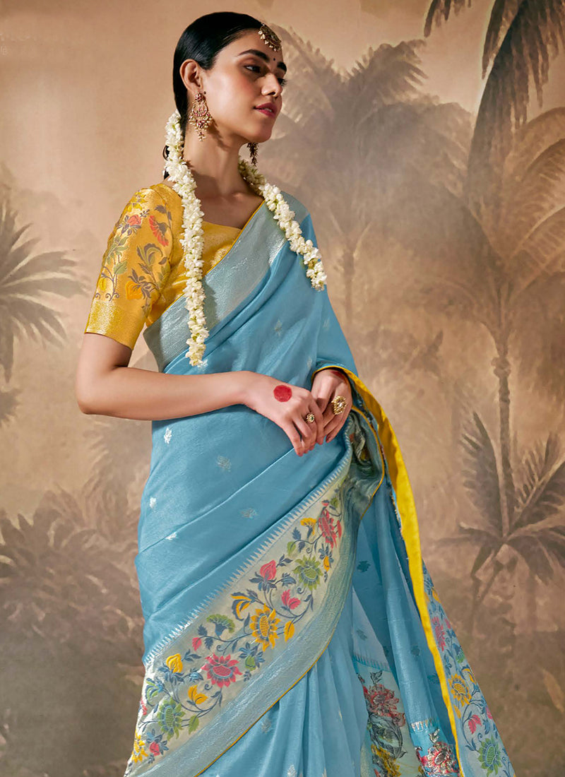 Blue And Yellow Floral Munga Silk Saree