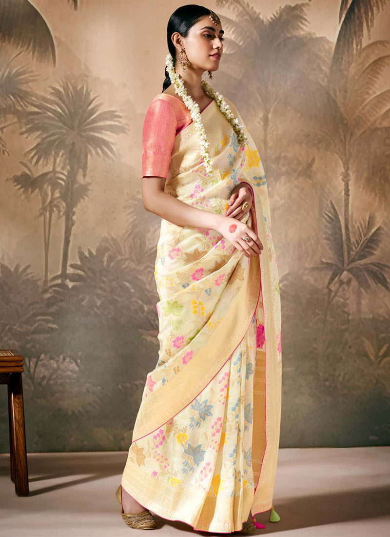 Cream And Pink Floral Munga Silk Saree