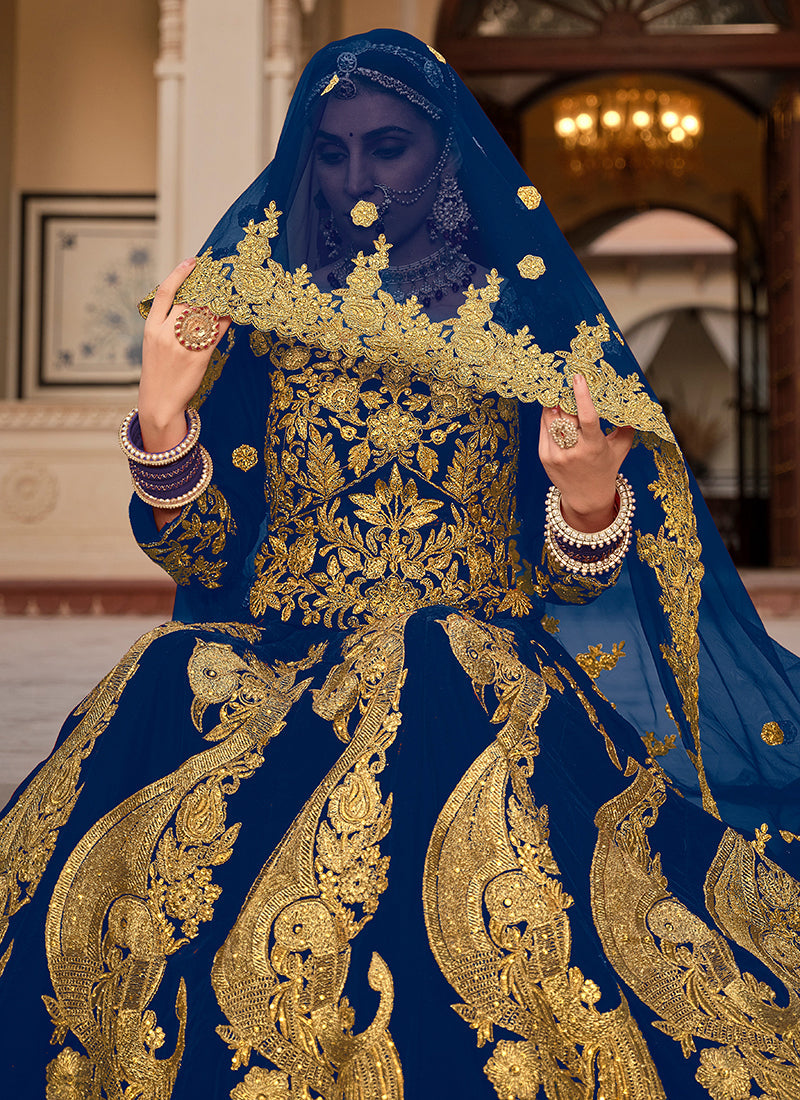 Royal Blue Cording Embroidery Wedding Lehenga Choli