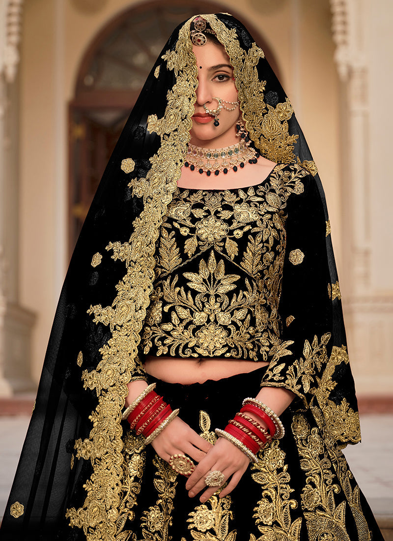 Black Cording Embroidery Wedding Lehenga Choli