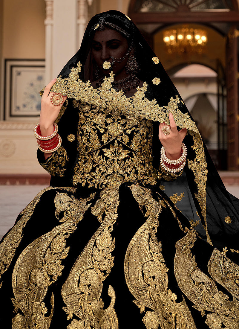 Black Cording Embroidery Wedding Lehenga Choli