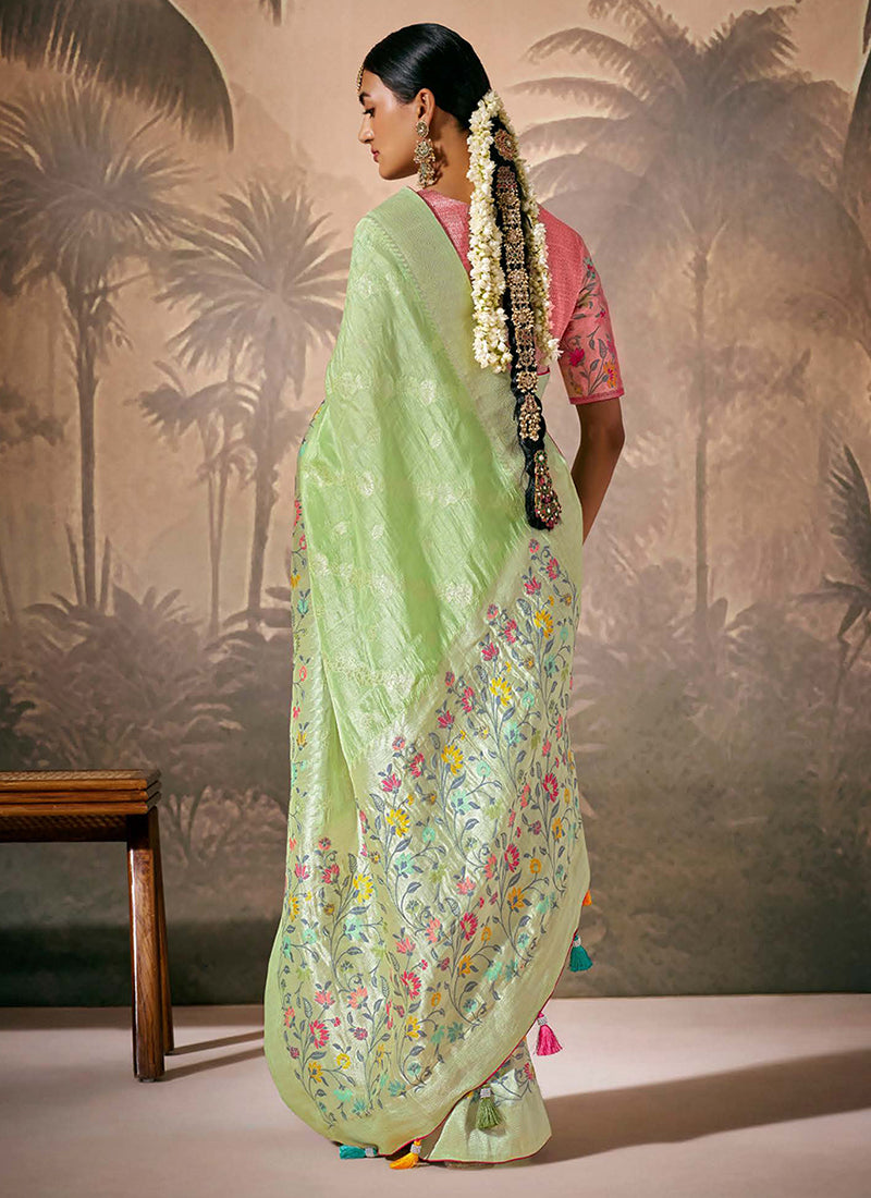 Green And Pink Floral Munga Silk Saree