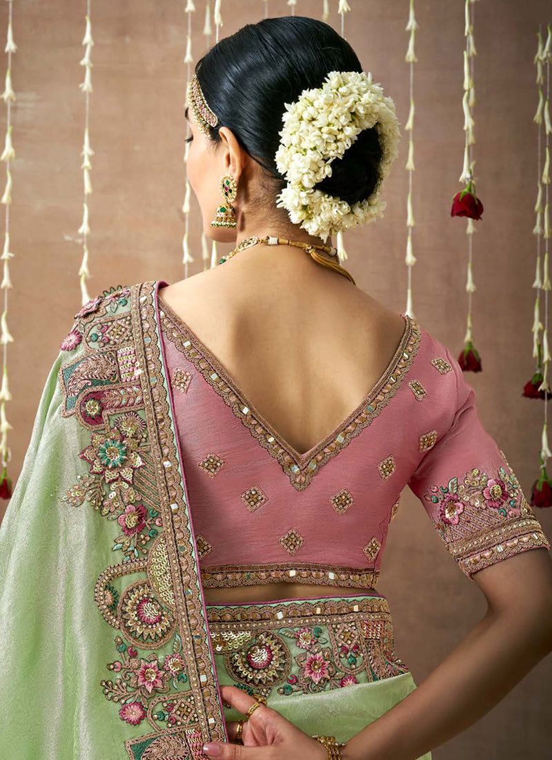 Green And Pink Multi Embroidery Tissue Silk Saree