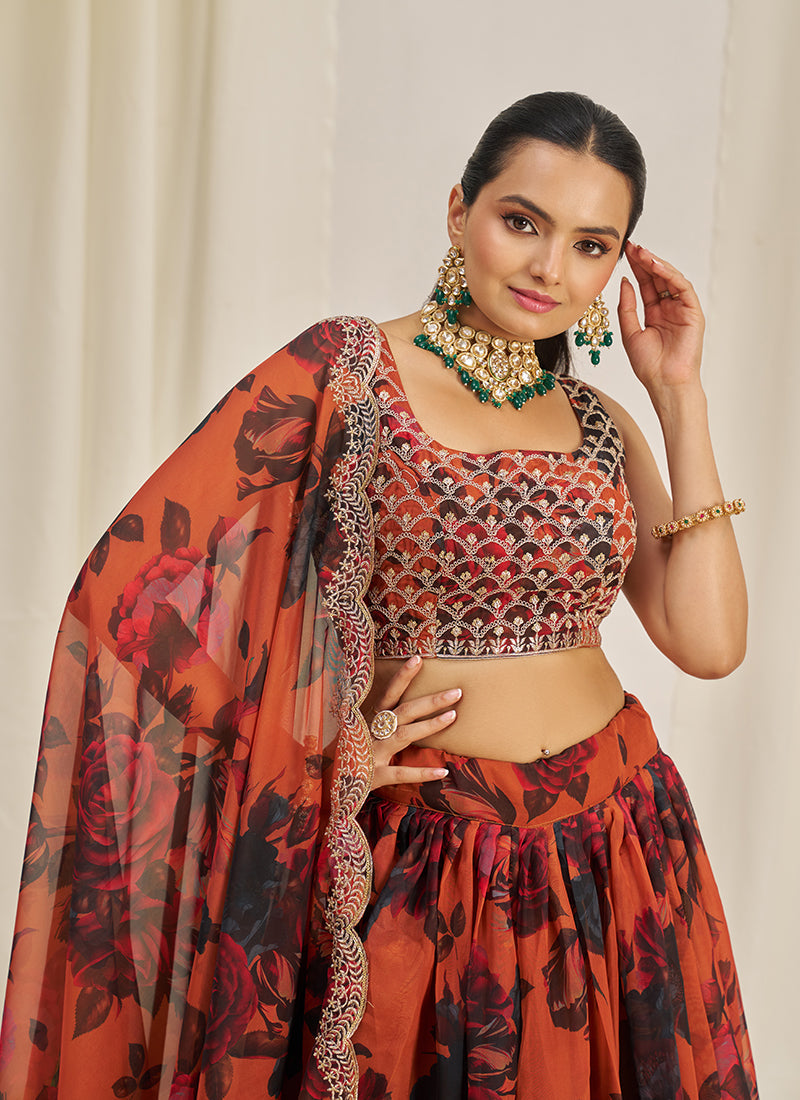 Rust Orange Floral Printed Embroidery Lehenga Choli