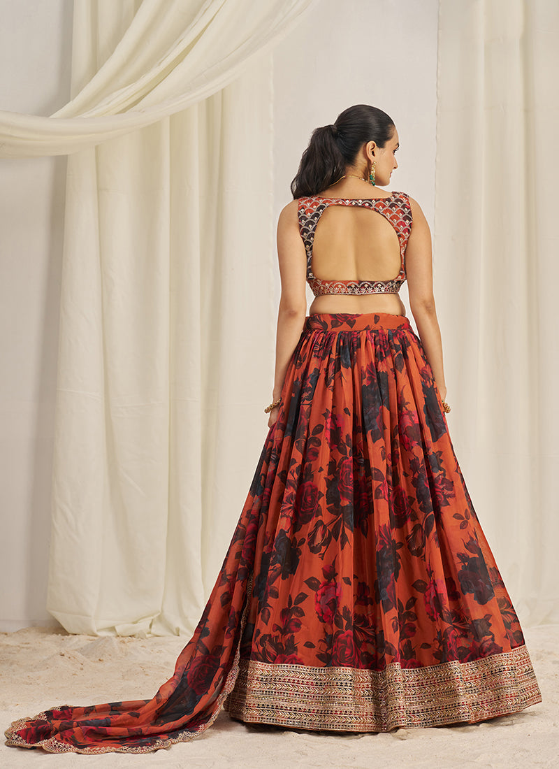 Rust Orange Floral Printed Embroidery Lehenga Choli