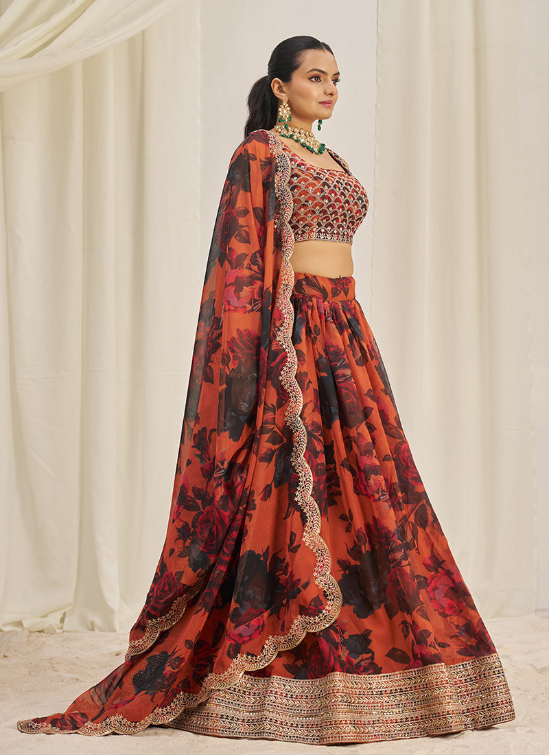 Rust Orange Floral Printed Embroidery Lehenga Choli