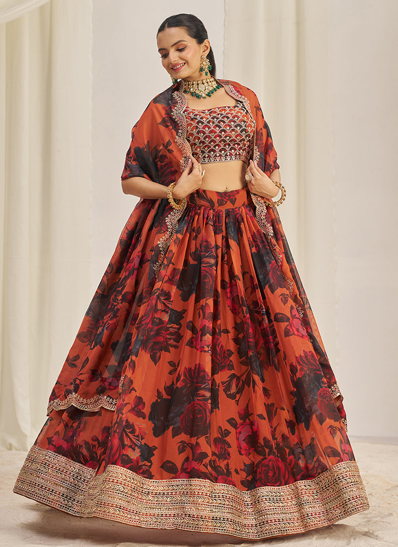 Rust Orange Floral Printed Embroidery Lehenga Choli