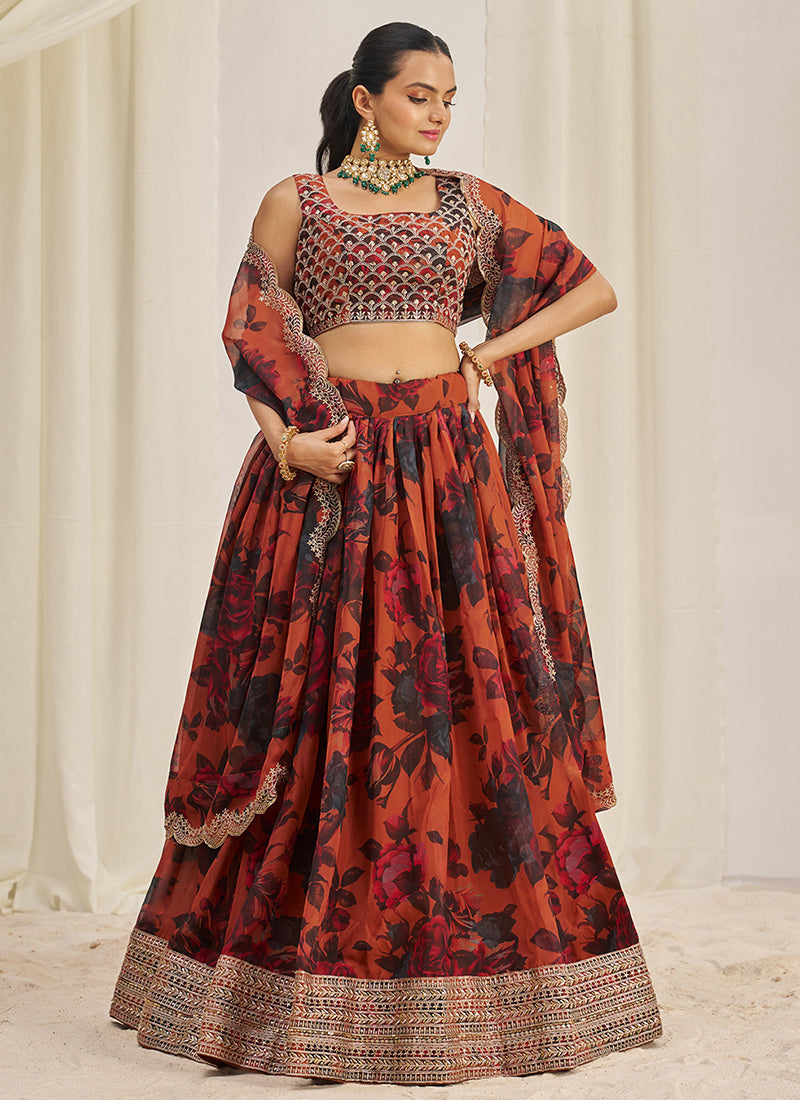 Rust Orange Floral Printed Embroidery Lehenga Choli