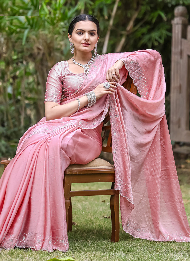 Pink Handwork Embroidery Wedding Saree