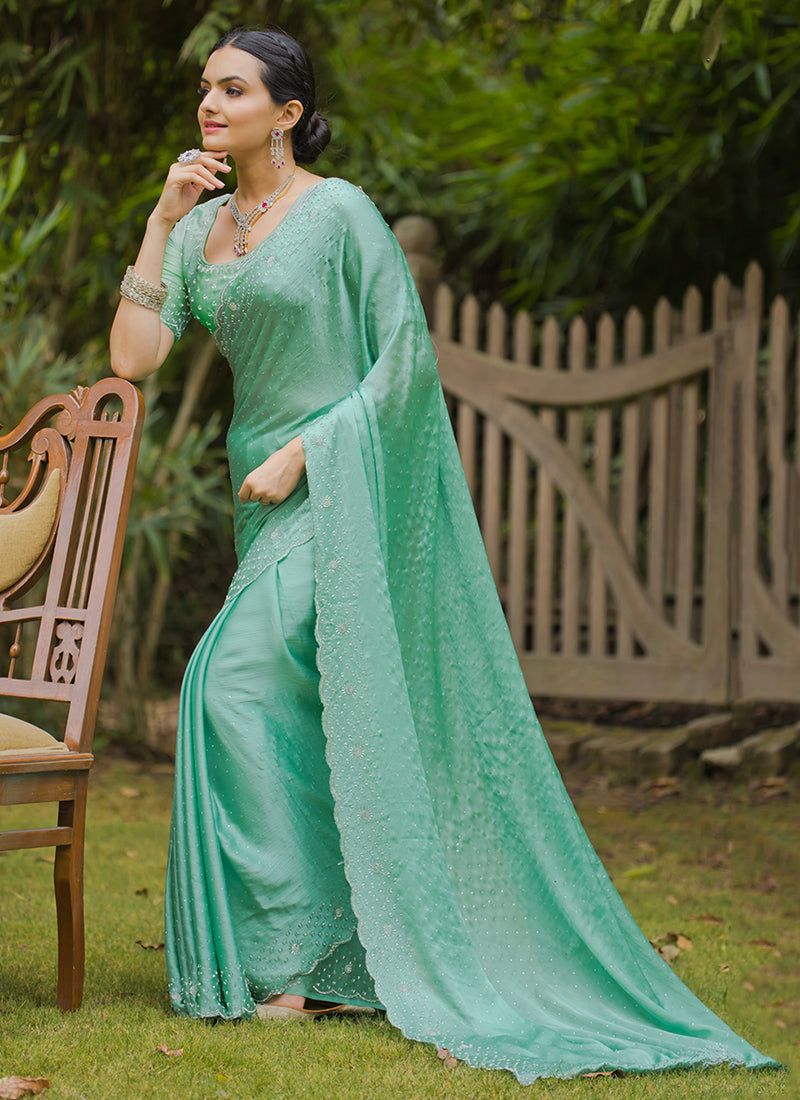 Turquoise Handwork Embroidery Wedding Saree