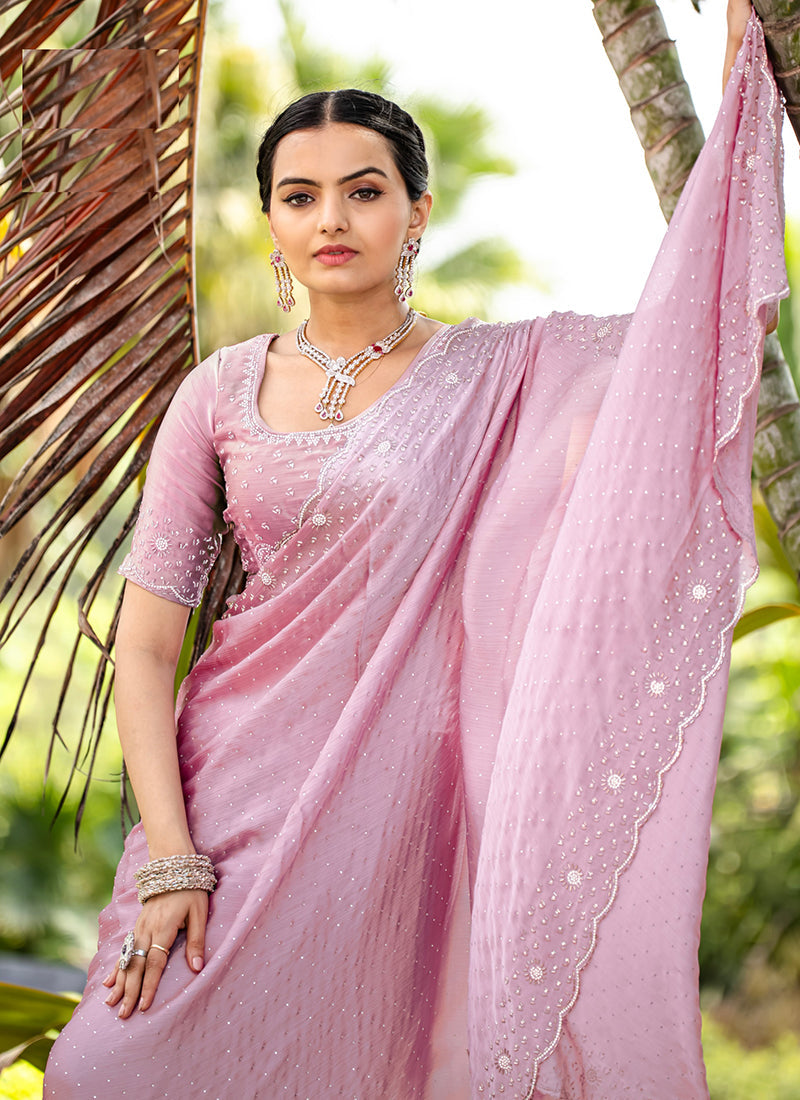 Soft Pink Handwork Embroidery Wedding Saree